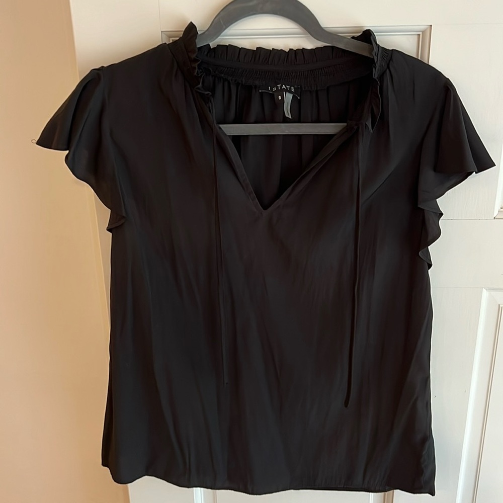1.State short sleeve black blouse with tie